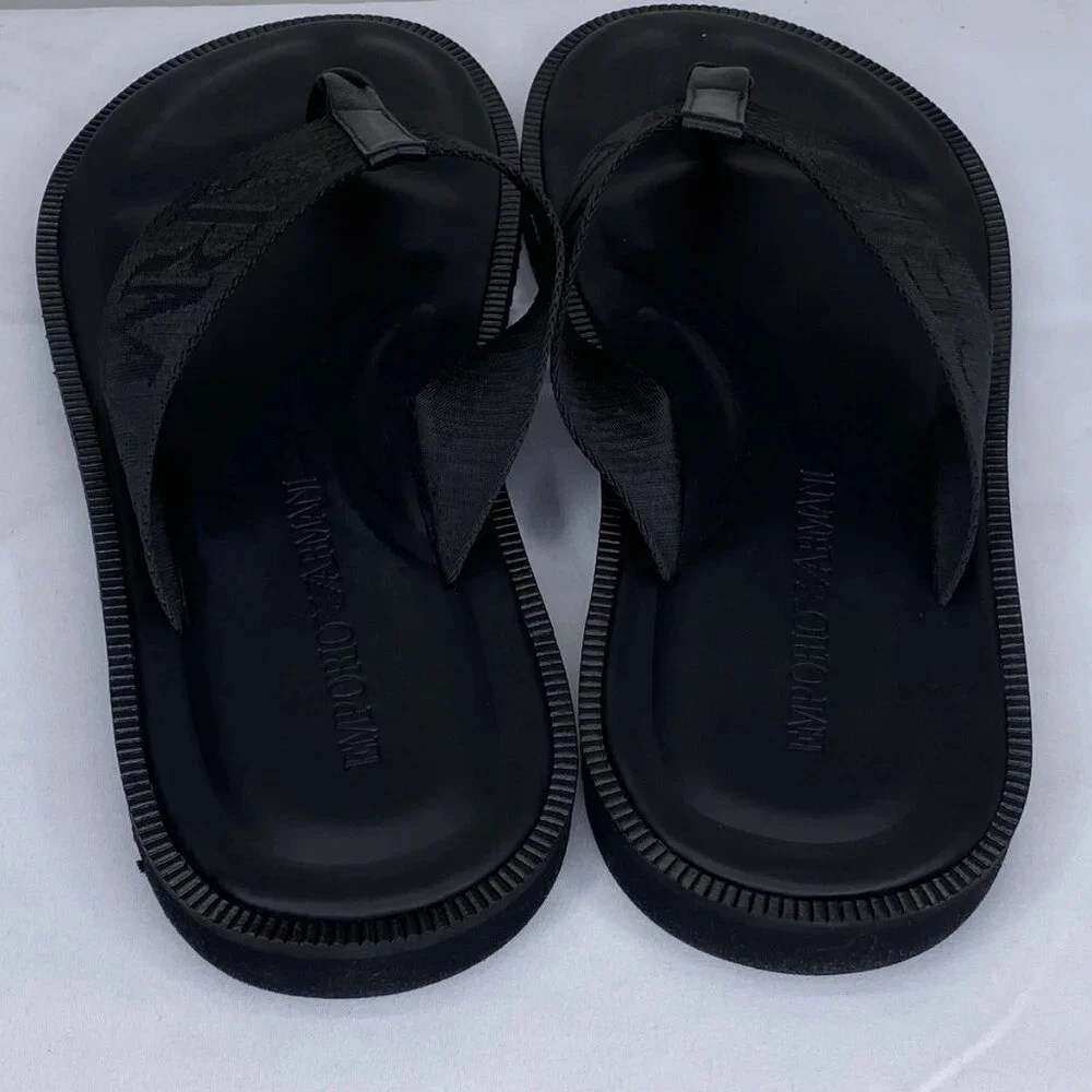 NEW EMPORIO ARMANI Mens Sandals Black Size 11 Logo Tape Thong Slip-On Flat